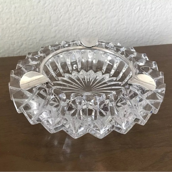 Mid Century Modern Ashtray Heavy Clear Cut Glass Silver Plate Starburst MCM - Picture 2 of 7